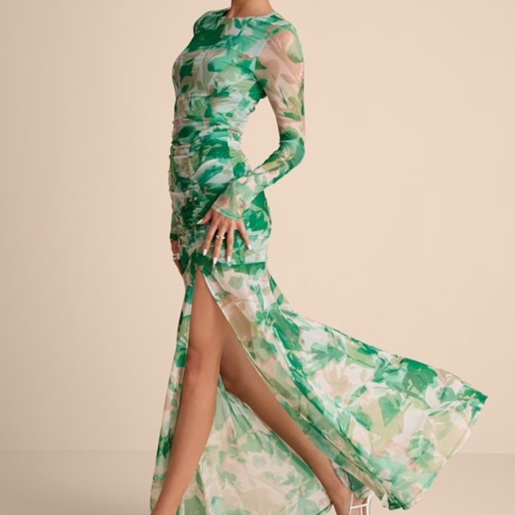 Lulus Vibrant Poise Green Floral Print Mesh Ruched Maxi Dress - Size S - Picture 1 of 1